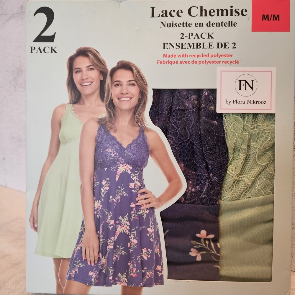 Flora Nikrooz Size M Green and Mauve Floral 2 Pack of Lace Chemises